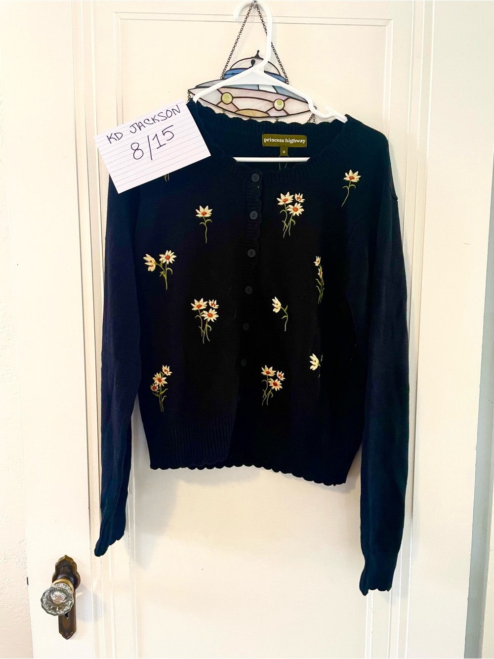 Princess Highway Black Cardigan with Embroidered Cream & Green Flowers